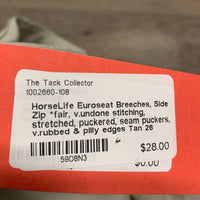 Euroseat Breeches, Side Zip *fair, v.undone stitching, stretched, puckered, seam puckers, v.rubbed & pilly edges
