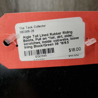 Tall Lined Rubber Riding Boots, Pull on *fair, dirt, older, scratches, inside: cobwebs, loose lining