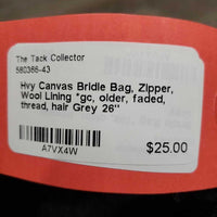 Hvy Canvas Bridle Bag, Zipper, Wool Lining *gc, older, faded, thread, hair