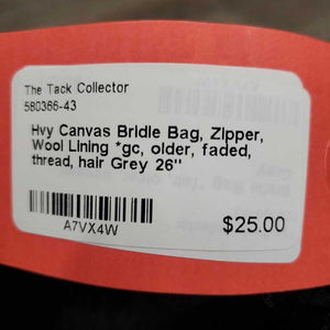 Hvy Canvas Bridle Bag, Zipper, Wool Lining *gc, older, faded, thread, hair