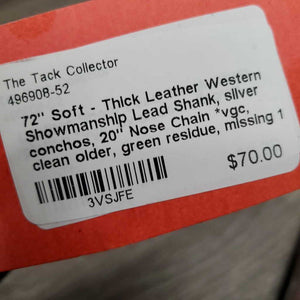 72" Soft - Thick Leather Western Showmanship Lead Shank, silver conchos, 20" Nose Chain *vgc, clean older, green residue, missing 1 screw, unstitched end