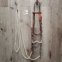 Double Leather Headstall, Med Curb, Thin Nylon Roper Reins *gc, dirt, film, v.chewed edges, taped, rust
