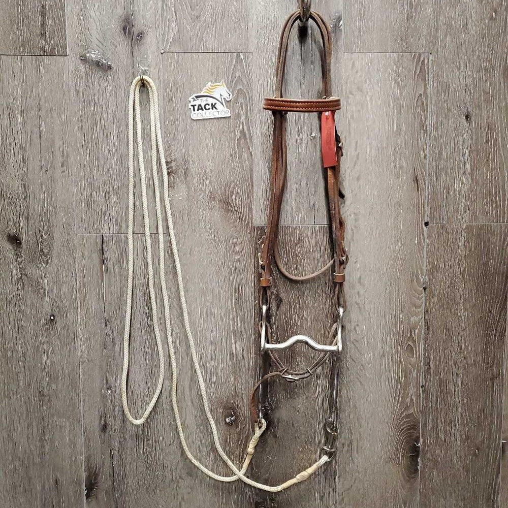 Double Leather Headstall, Med Curb, Thin Nylon Roper Reins *gc, dirt, film, v.chewed edges, taped, rust
