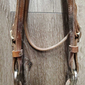 Double Leather Headstall, Med Curb, Thin Nylon Roper Reins *gc, dirt, film, v.chewed edges, taped, rust