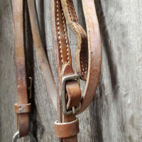 Double Leather Headstall, Med Curb, Thin Nylon Roper Reins *gc, dirt, film, v.chewed edges, taped, rust