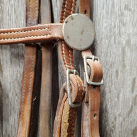 Double Leather Headstall, Med Curb, Thin Nylon Roper Reins *gc, dirt, film, v.chewed edges, taped, rust
