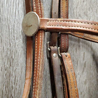 Double Leather Headstall, Med Curb, Thin Nylon Roper Reins *gc, dirt, film, v.chewed edges, taped, rust