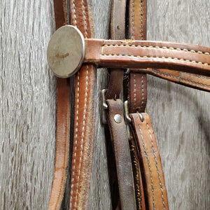 Double Leather Headstall, Med Curb, Thin Nylon Roper Reins *gc, dirt, film, v.chewed edges, taped, rust