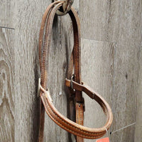 Double Leather Headstall, Med Curb, Thin Nylon Roper Reins *gc, dirt, film, v.chewed edges, taped, rust
