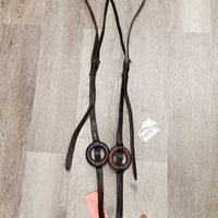 2 Leather Donut Side Reins, brass snaps *gc, older, mismatched donuts, stiff, rubs, scrapes, dry, mnr rusty
