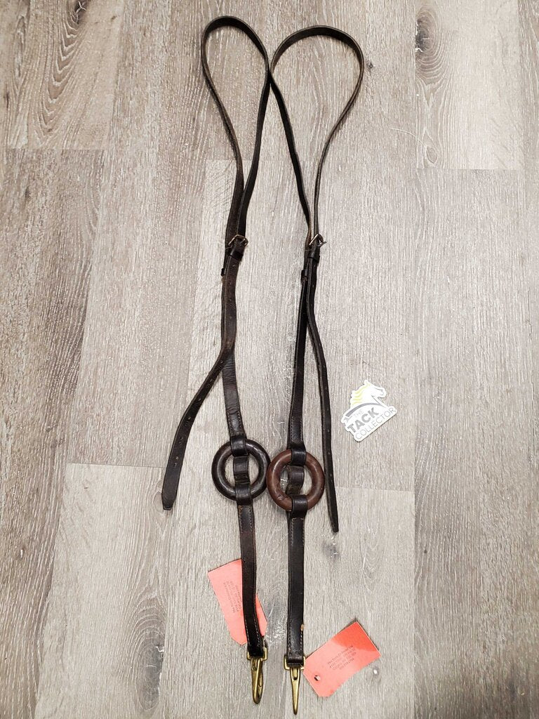 2 Leather Donut Side Reins, brass snaps *gc, older, mismatched donuts, stiff, rubs, scrapes, dry, mnr rusty