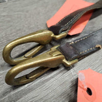 2 Leather Donut Side Reins, brass snaps *gc, older, mismatched donuts, stiff, rubs, scrapes, dry, mnr rusty
