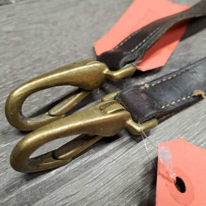 2 Leather Donut Side Reins, brass snaps *gc, older, mismatched donuts, stiff, rubs, scrapes, dry, mnr rusty