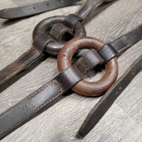 2 Leather Donut Side Reins, brass snaps *gc, older, mismatched donuts, stiff, rubs, scrapes, dry, mnr rusty