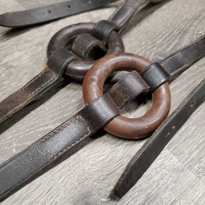 2 Leather Donut Side Reins, brass snaps *gc, older, mismatched donuts, stiff, rubs, scrapes, dry, mnr rusty