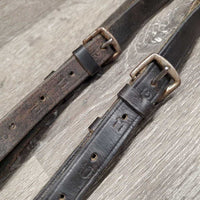 2 Leather Donut Side Reins, brass snaps *gc, older, mismatched donuts, stiff, rubs, scrapes, dry, mnr rusty
