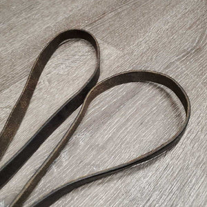 2 Leather Donut Side Reins, brass snaps *gc, older, mismatched donuts, stiff, rubs, scrapes, dry, mnr rusty