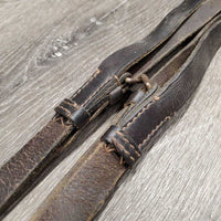 2 Leather Donut Side Reins, brass snaps *gc, older, mismatched donuts, stiff, rubs, scrapes, dry, mnr rusty