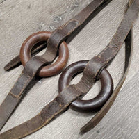 2 Leather Donut Side Reins, brass snaps *gc, older, mismatched donuts, stiff, rubs, scrapes, dry, mnr rusty
