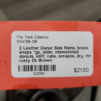 2 Leather Donut Side Reins, brass snaps *gc, older, mismatched donuts, stiff, rubs, scrapes, dry, mnr rusty
