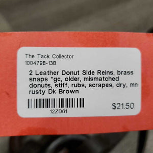 2 Leather Donut Side Reins, brass snaps *gc, older, mismatched donuts, stiff, rubs, scrapes, dry, mnr rusty