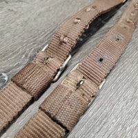 2 Hvy Nylon & Double Elastic Side Reins *fair/gc, older, stains, stretched, frayed holes, oxidized, rubs