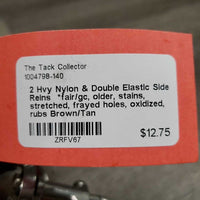 2 Hvy Nylon & Double Elastic Side Reins *fair/gc, older, stains, stretched, frayed holes, oxidized, rubs

