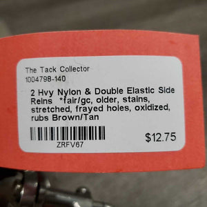 2 Hvy Nylon & Double Elastic Side Reins *fair/gc, older, stains, stretched, frayed holes, oxidized, rubs