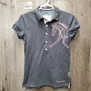 SS Polo Shirt, 1/3 Button Up *gc, mnr faded & stretched cuffs, stains & snags, collar fray