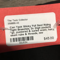 Sticky Full Seat Riding Tight Breeches, 2x thigh pockets *gc, puckered & curled waist, hairy, seam rubs & threads, mnr stain?discolored
