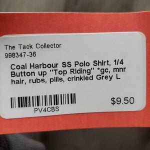 SS Polo Shirt, 1/4 Button up "Top Riding" *gc, mnr hair, rubs, pills, crinkled