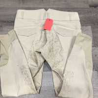 Full Seat Sticky Breeches, bling *gc, stains, pills, discolored seat & legs, fuzzy, curled inside

