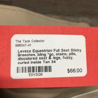 Full Seat Sticky Breeches, bling *gc, stains, pills, discolored seat & legs, fuzzy, curled inside
