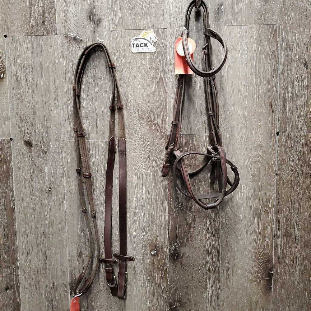Narrow Rsd/FS Brdle, Cotton Web Reins, Flash *gc, xholes, faded, residue, stains, thick keeper, twists