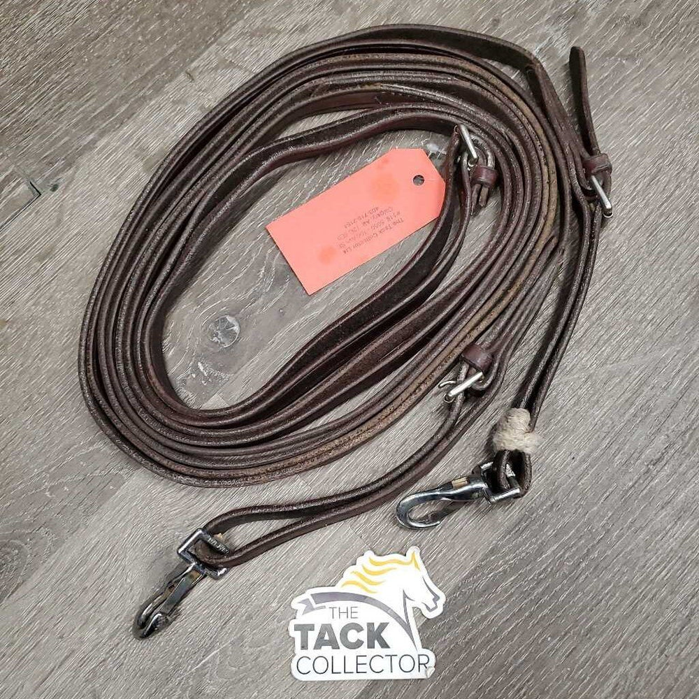 Narrow Leather Draw Reins, buckle loops, snaps, rollers *gc/fair, mnr dirt, twists, edge scrapes, rubs, white residue, rough back, string keeper