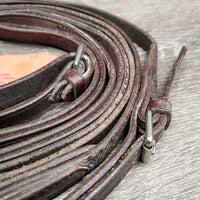 Narrow Leather Draw Reins, buckle loops, snaps, rollers *gc/fair, mnr dirt, twists, edge scrapes, rubs, white residue, rough back, string keeper

