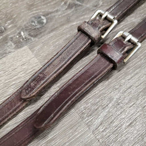 Narrow Leather Draw Reins, buckle loops, snaps, rollers *gc/fair, mnr dirt, twists, edge scrapes, rubs, white residue, rough back, string keeper
