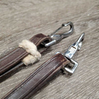 Narrow Leather Draw Reins, buckle loops, snaps, rollers *gc/fair, mnr dirt, twists, edge scrapes, rubs, white residue, rough back, string keeper
