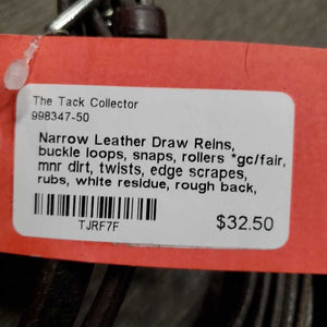 Narrow Leather Draw Reins, buckle loops, snaps, rollers *gc/fair, mnr dirt, twists, edge scrapes, rubs, white residue, rough back, string keeper