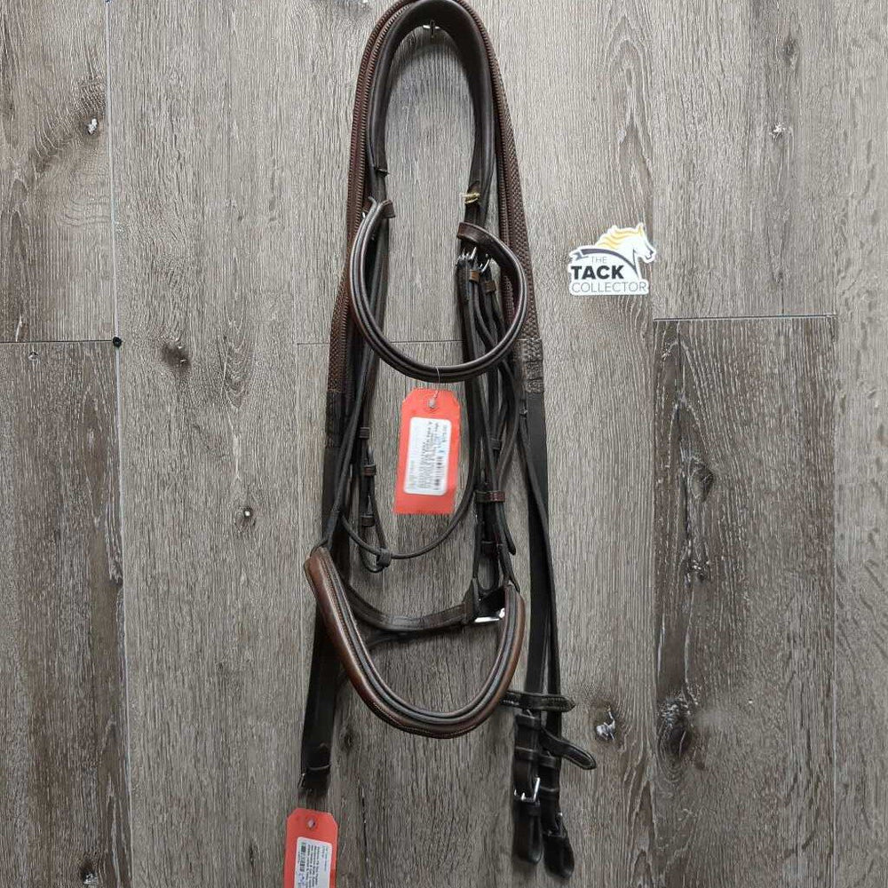 FS Rsd Padded Monocrown Bridle, Rubber Reins *gc, mnr residue & hair, 2 repaired cheeks, curled & holey crown edge, mismatched, dry rubber