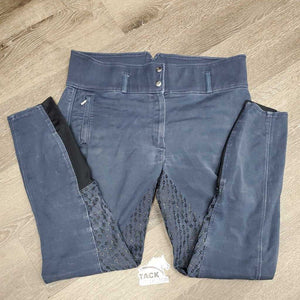 Denim High Waist Full Sticky Seat Breeches *gc, v.faded, curled inner waist, older, seam puckers, stained legs/seat