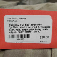 Full Seat Breeches *gc/fair, seat: stretched & v.stained seat, hair, dingy, pilly, holey ankle edges, hairy velcro
