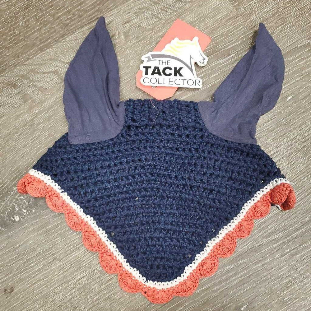 Cursom? Crochet Fly Veil Ear Bonnet *gc, faded, mnr edge stains, loose ear threads