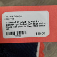 Cursom? Crochet Fly Veil Ear Bonnet *gc, faded, mnr edge stains, loose ear threads