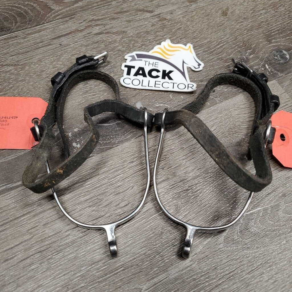 JUNIORS Thin Spurs, Leather Straps *gc, mnr dirt, stains, scratches, dry/rough straps