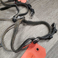 JUNIORS Thin Spurs, Leather Straps *gc, mnr dirt, stains, scratches, dry/rough straps
