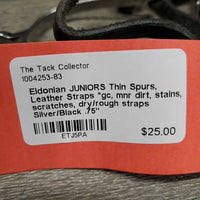 JUNIORS Thin Spurs, Leather Straps *gc, mnr dirt, stains, scratches, dry/rough straps
