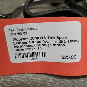 JUNIORS Thin Spurs, Leather Straps *gc, mnr dirt, stains, scratches, dry/rough straps