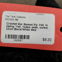 Crochet Ear Bonnet Fly Veil, 1x piping *fair, faded, older, curled, clean

