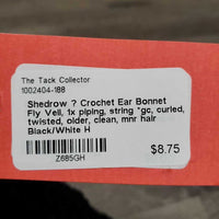 Crochet Ear Bonnet Fly Veil, 1x piping, string *gc, curled, twisted, older, clean, mnr hair